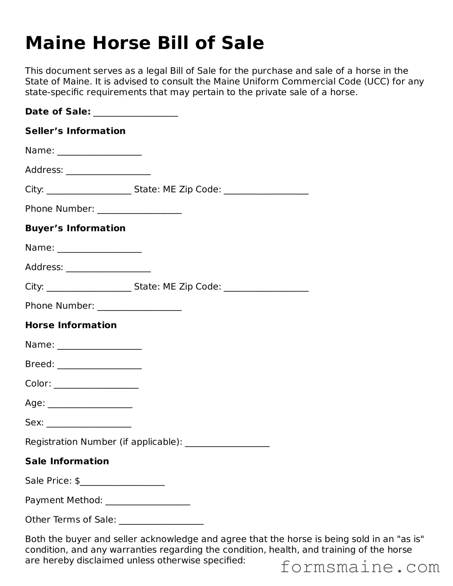 Official  Horse Bill of Sale Document for Maine