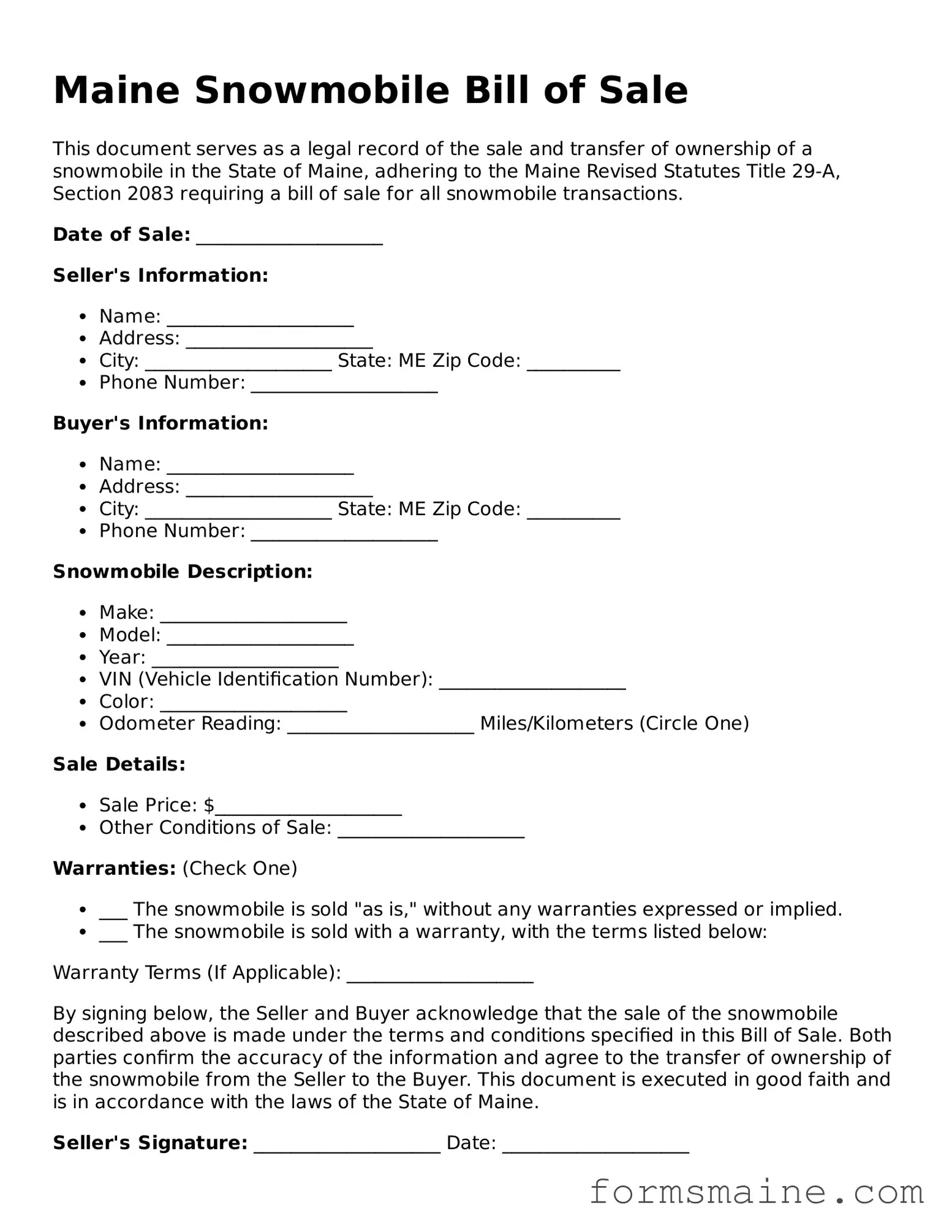 Official  Snowmobile Bill of Sale Document for Maine