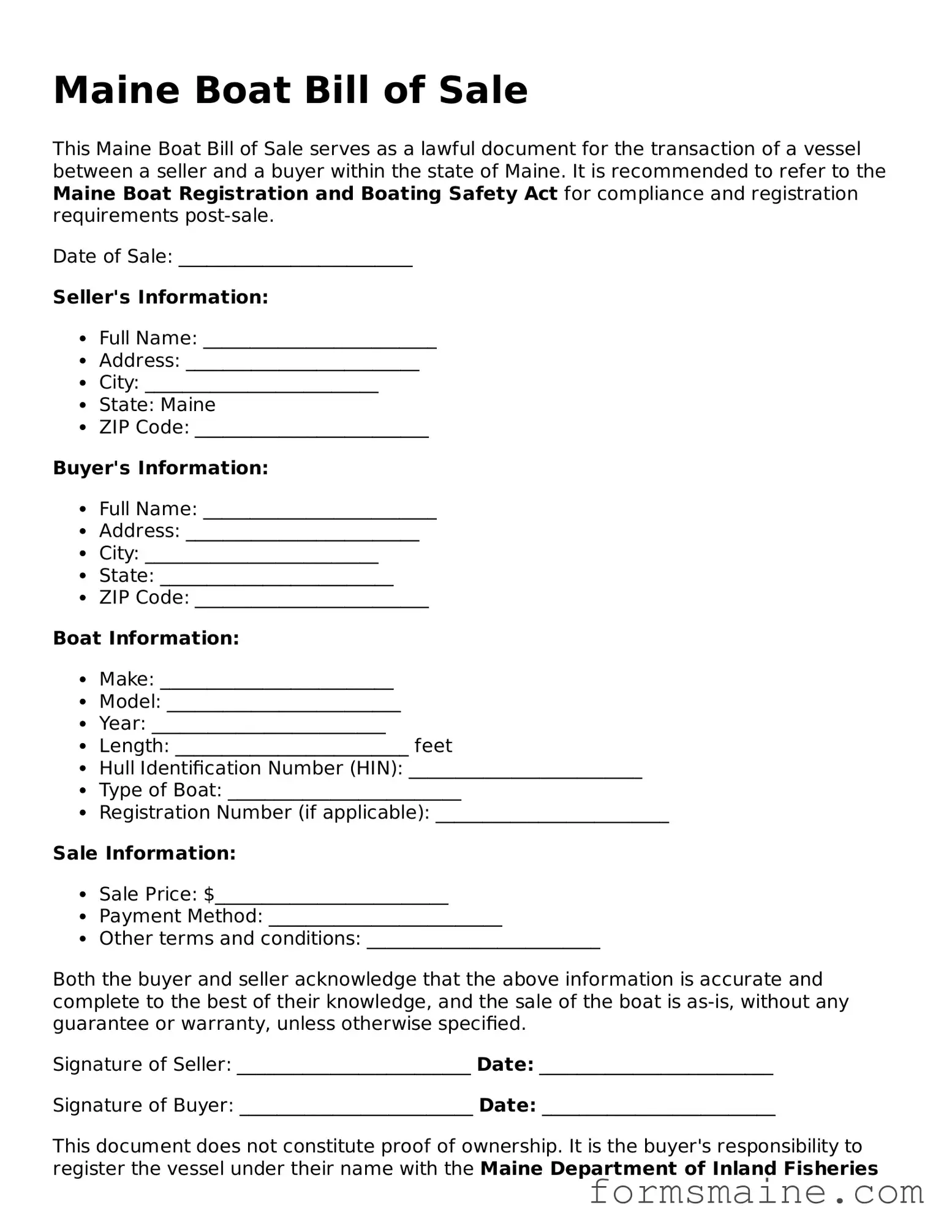 Official  Boat Bill of Sale Document for Maine