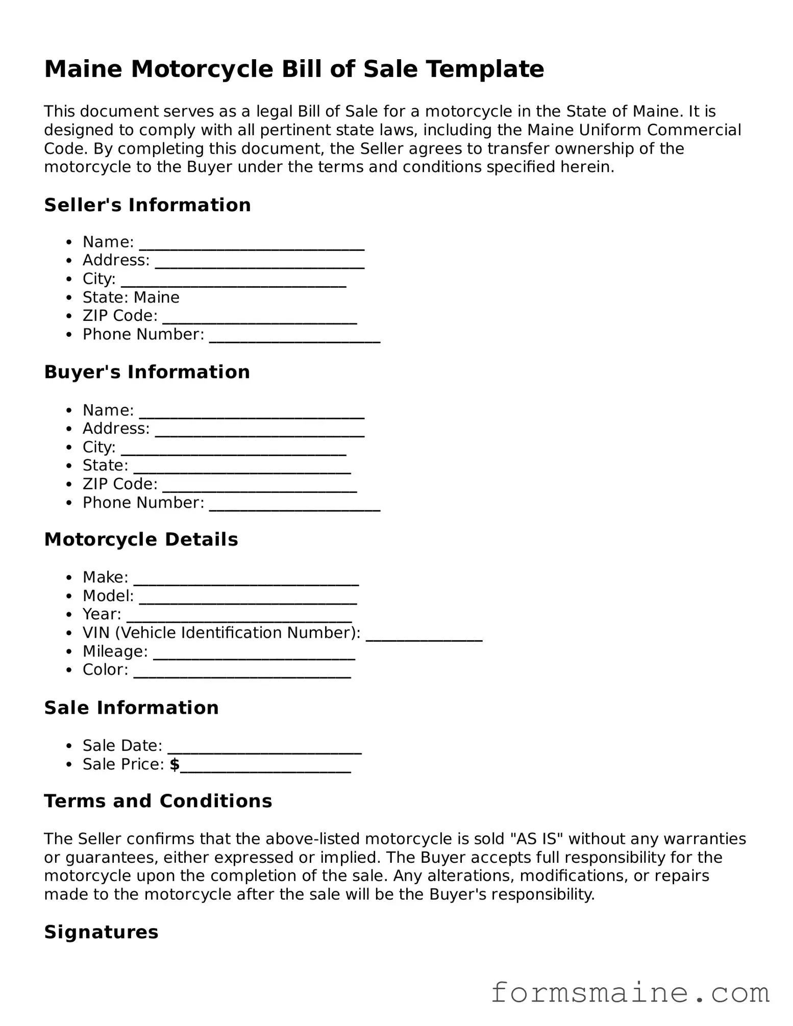 Official  Motorcycle Bill of Sale Document for Maine
