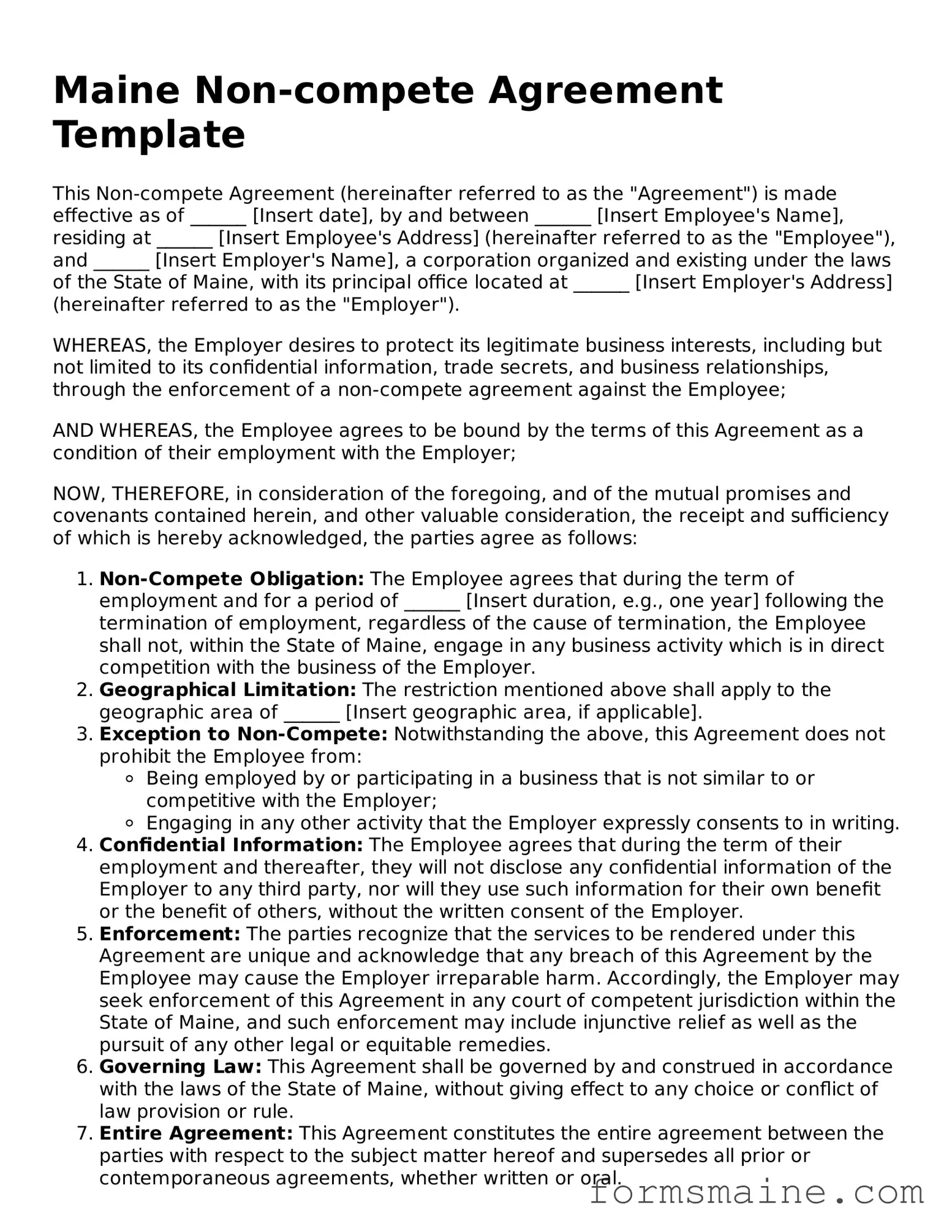 Official  Non-compete Agreement Document for Maine