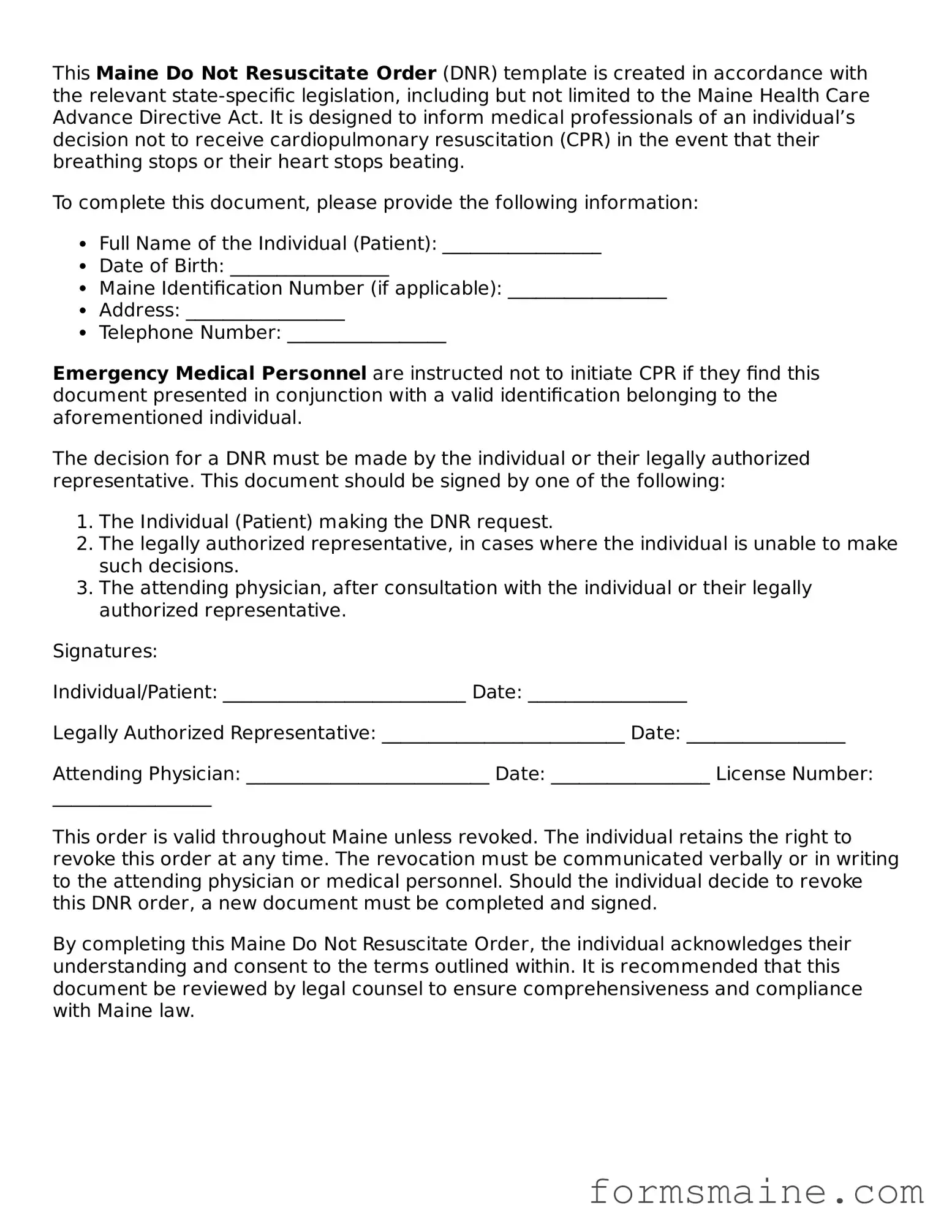 Official  Do Not Resuscitate Order Document for Maine