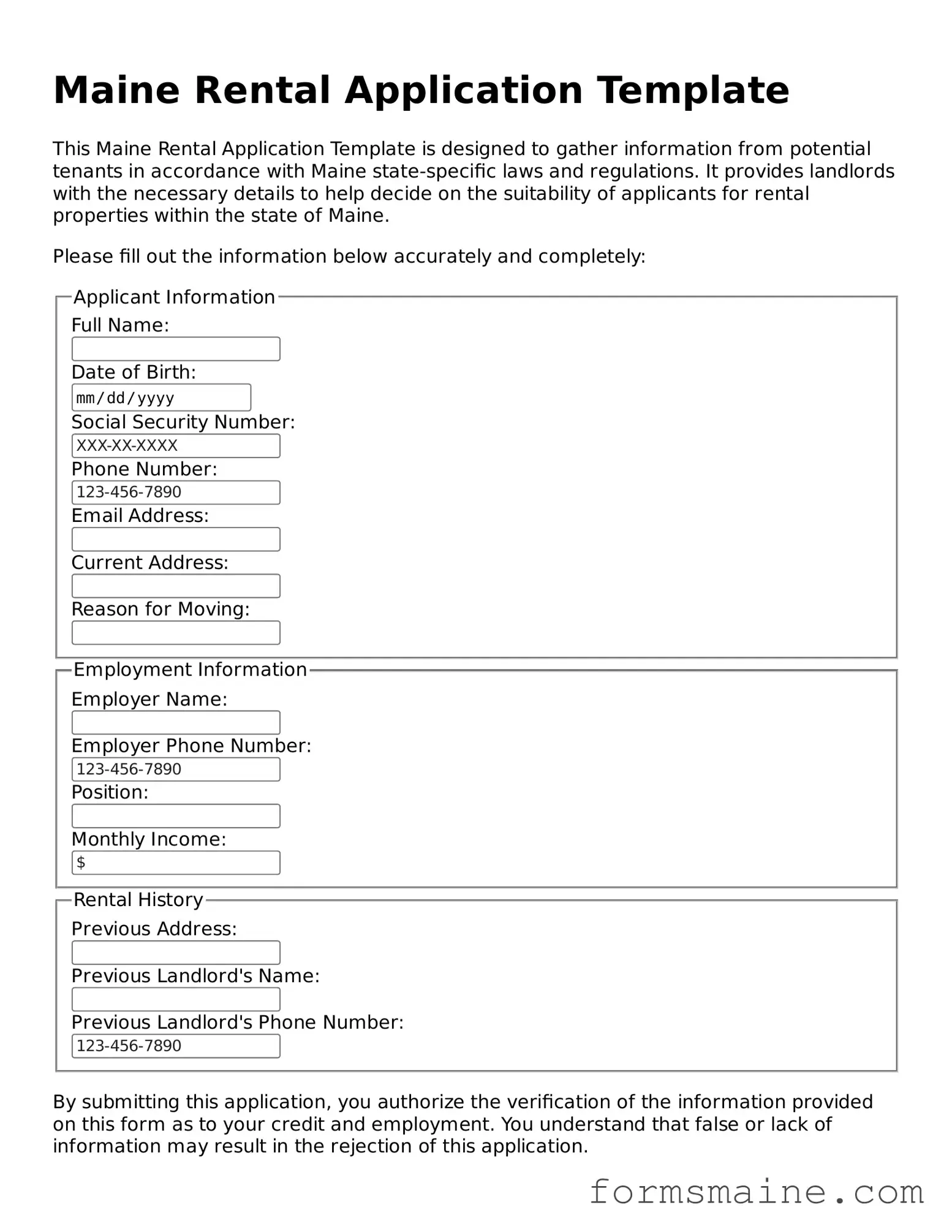 Official  Rental Application Document for Maine
