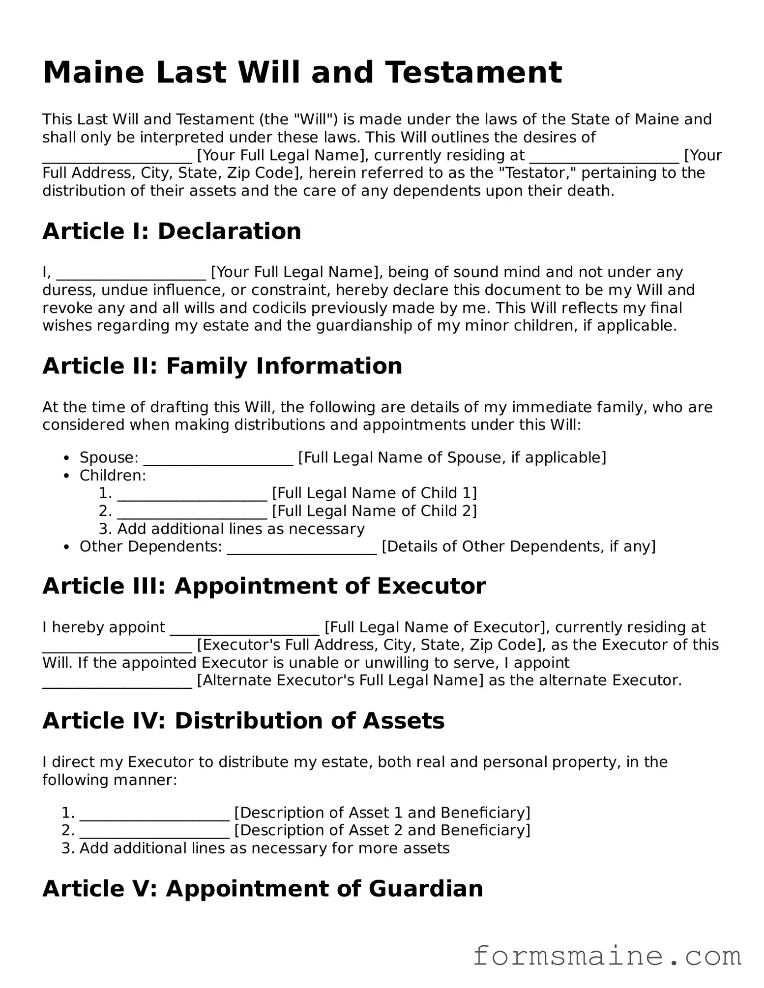 Official  Last Will and Testament Document for Maine