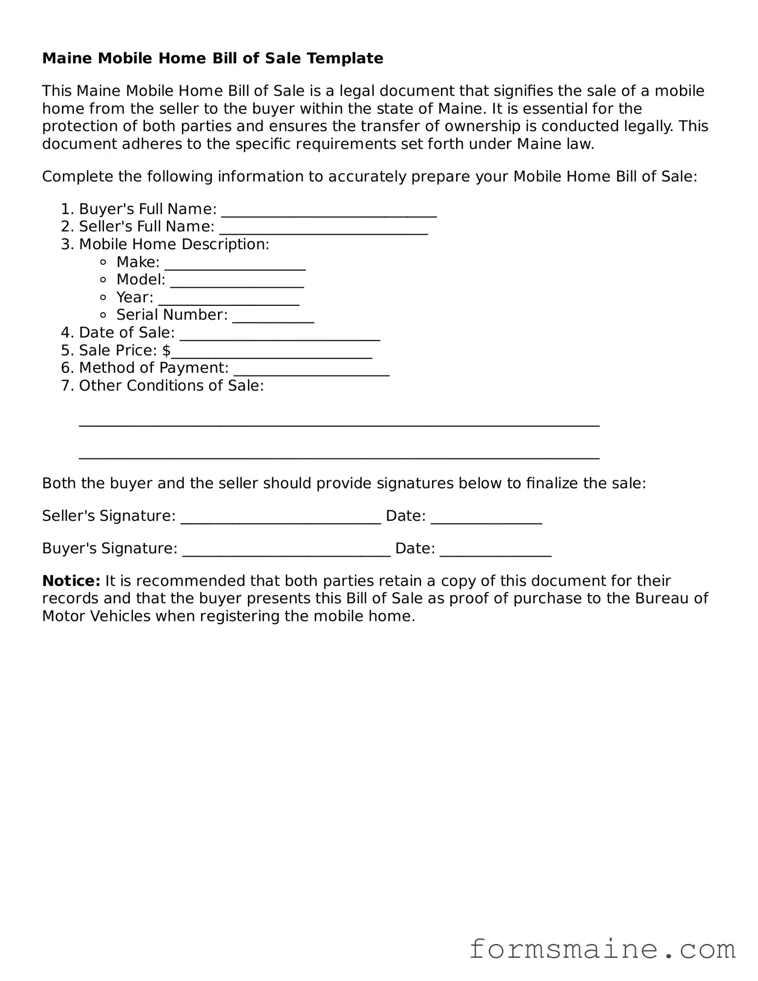 Official  Mobile Home Bill of Sale Document for Maine