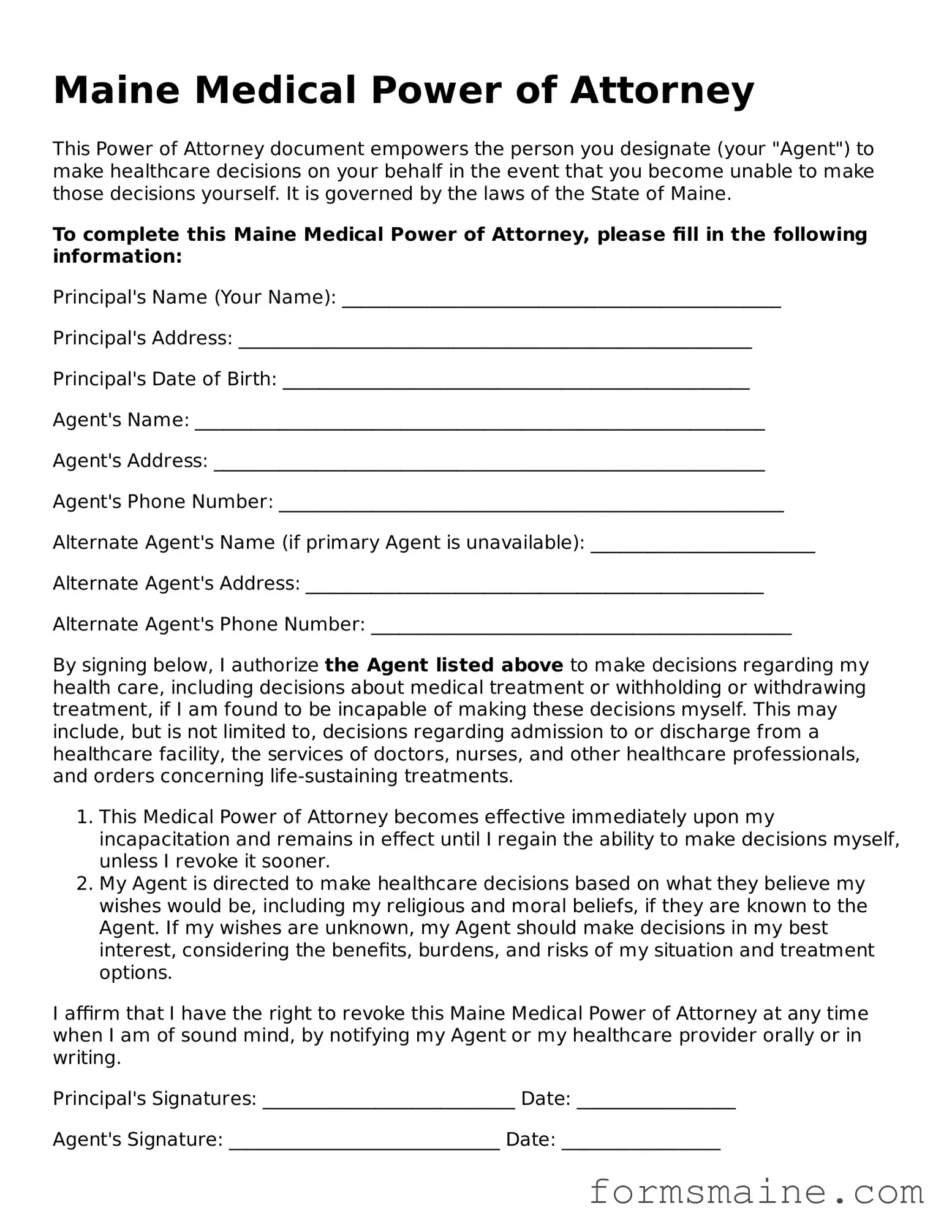 Official  Medical Power of Attorney Document for Maine