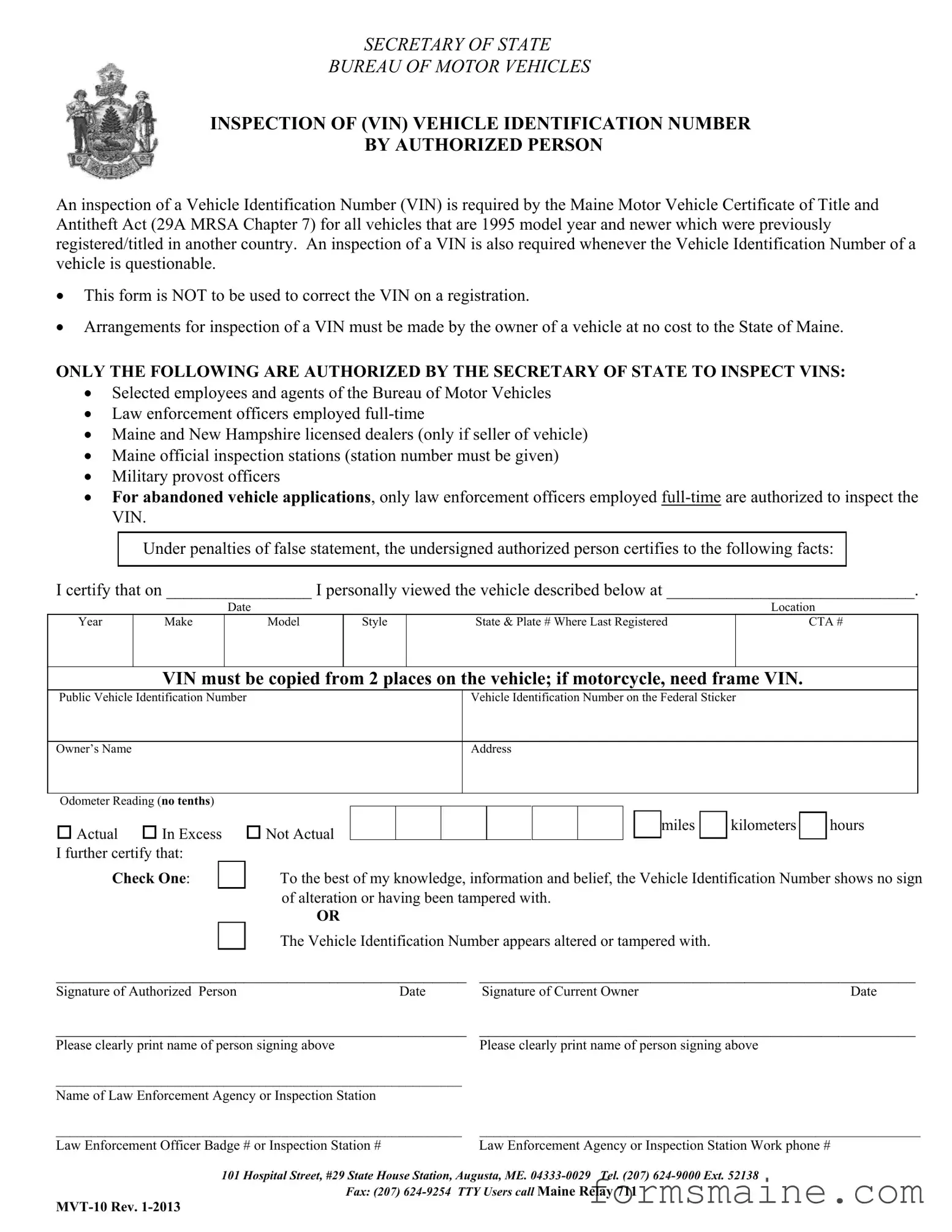 Free Maine Mvt 10 Form in PDF