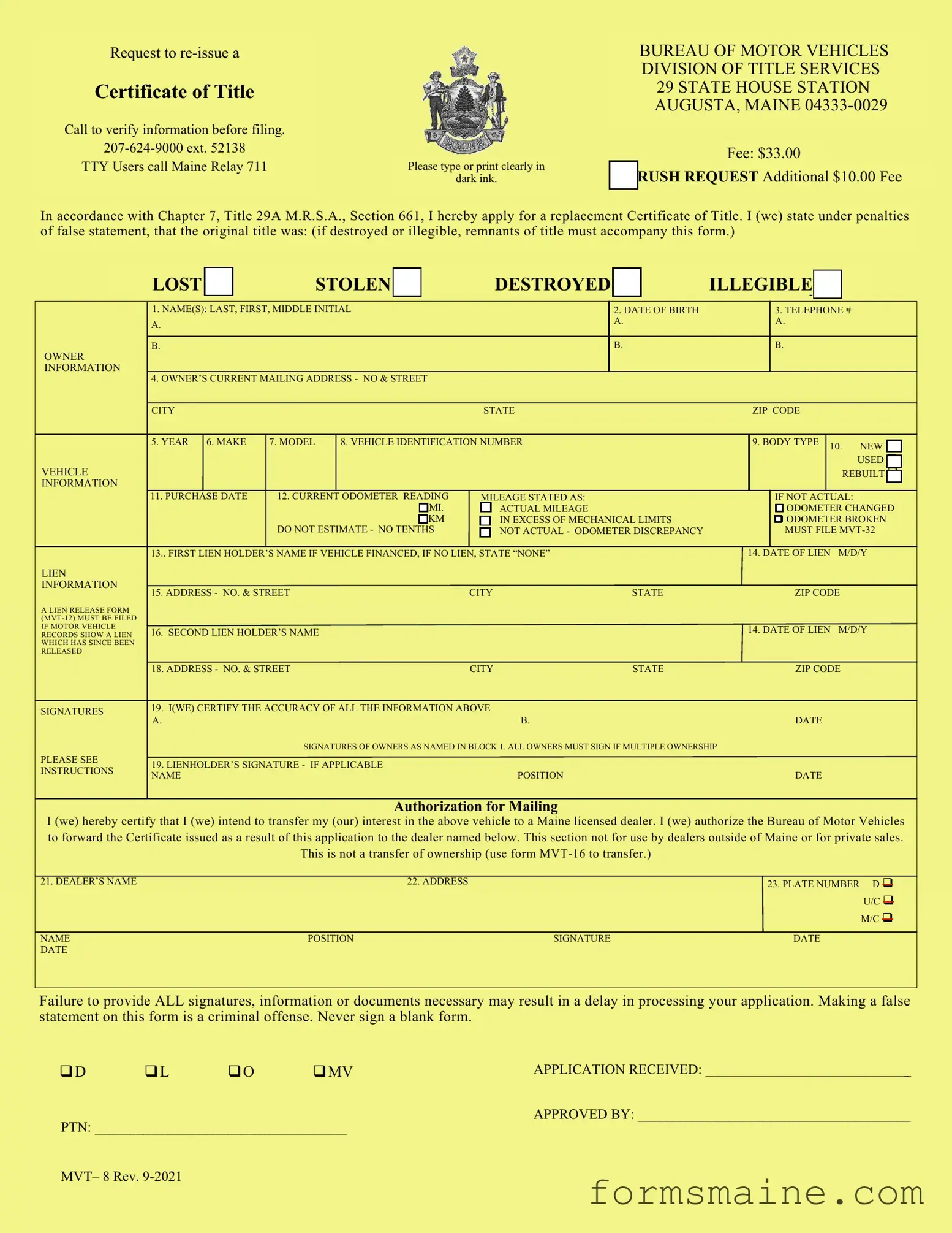 Free Maine Mvt 8 Form in PDF
