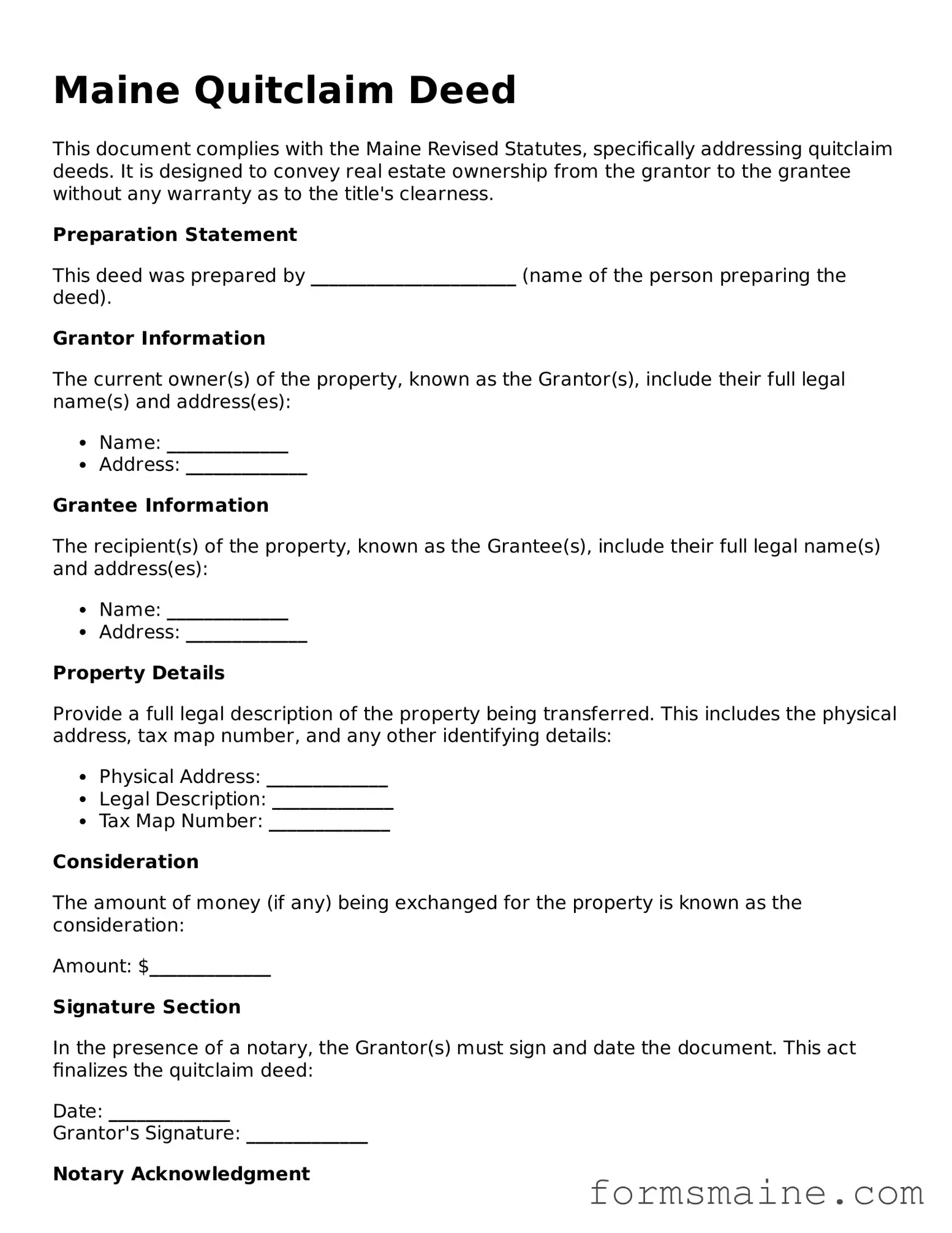 Official  Quitclaim Deed Document for Maine