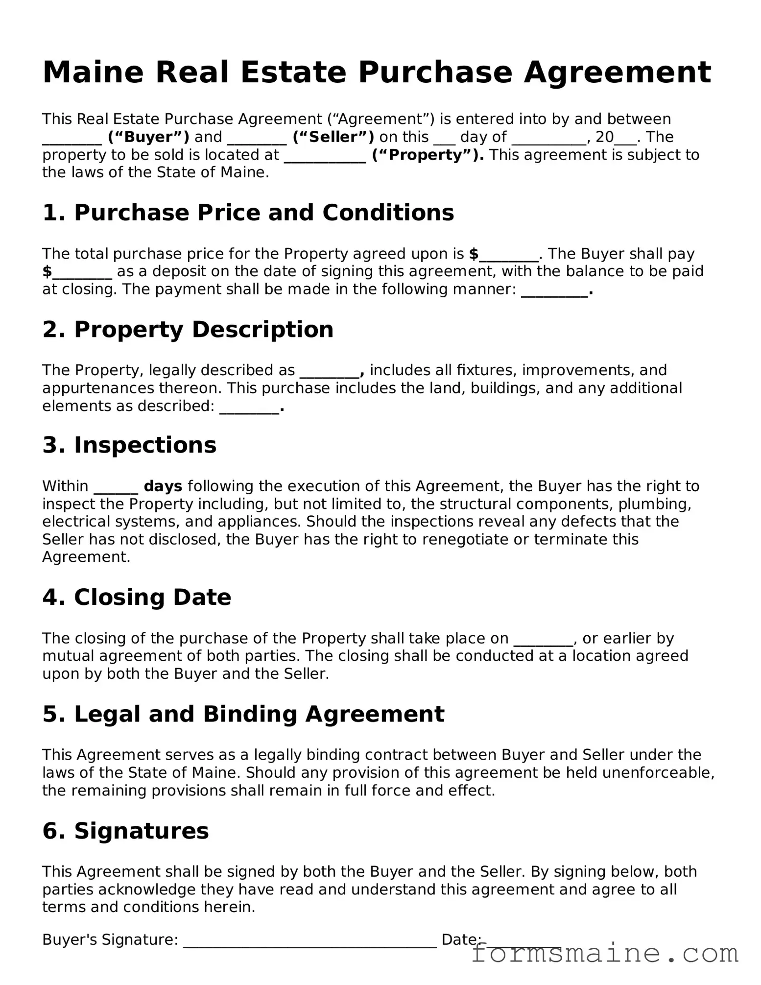 Official  Real Estate Purchase Agreement Document for Maine