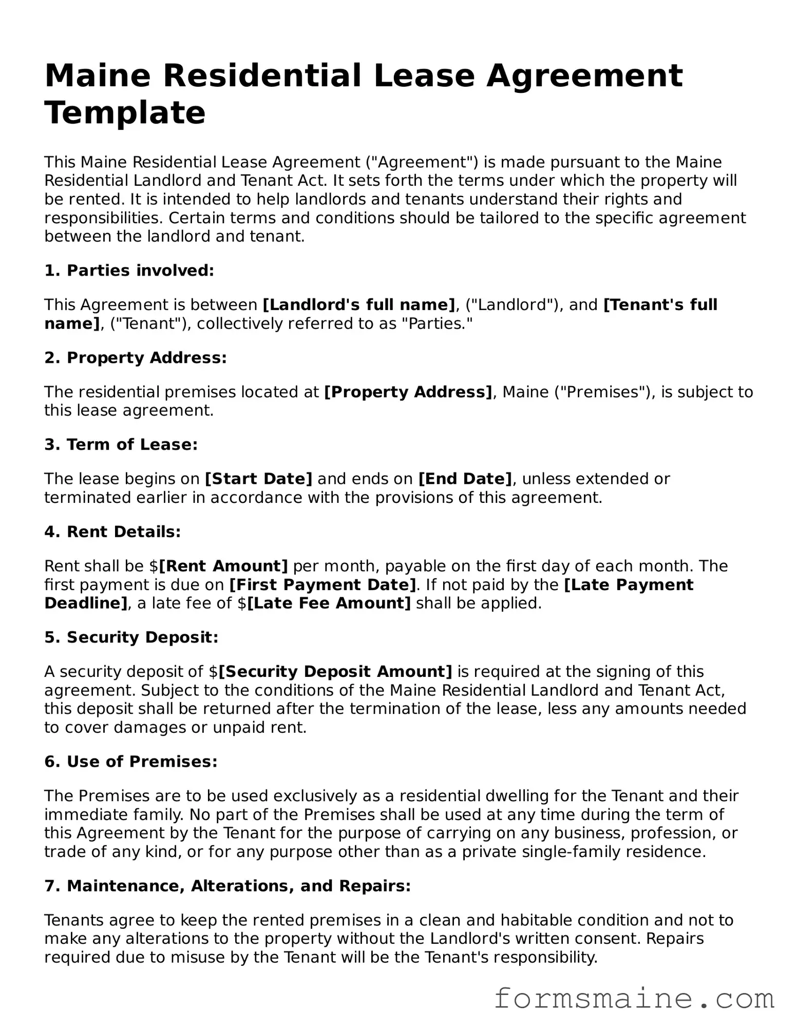 Official  Residential Lease Agreement Document for Maine