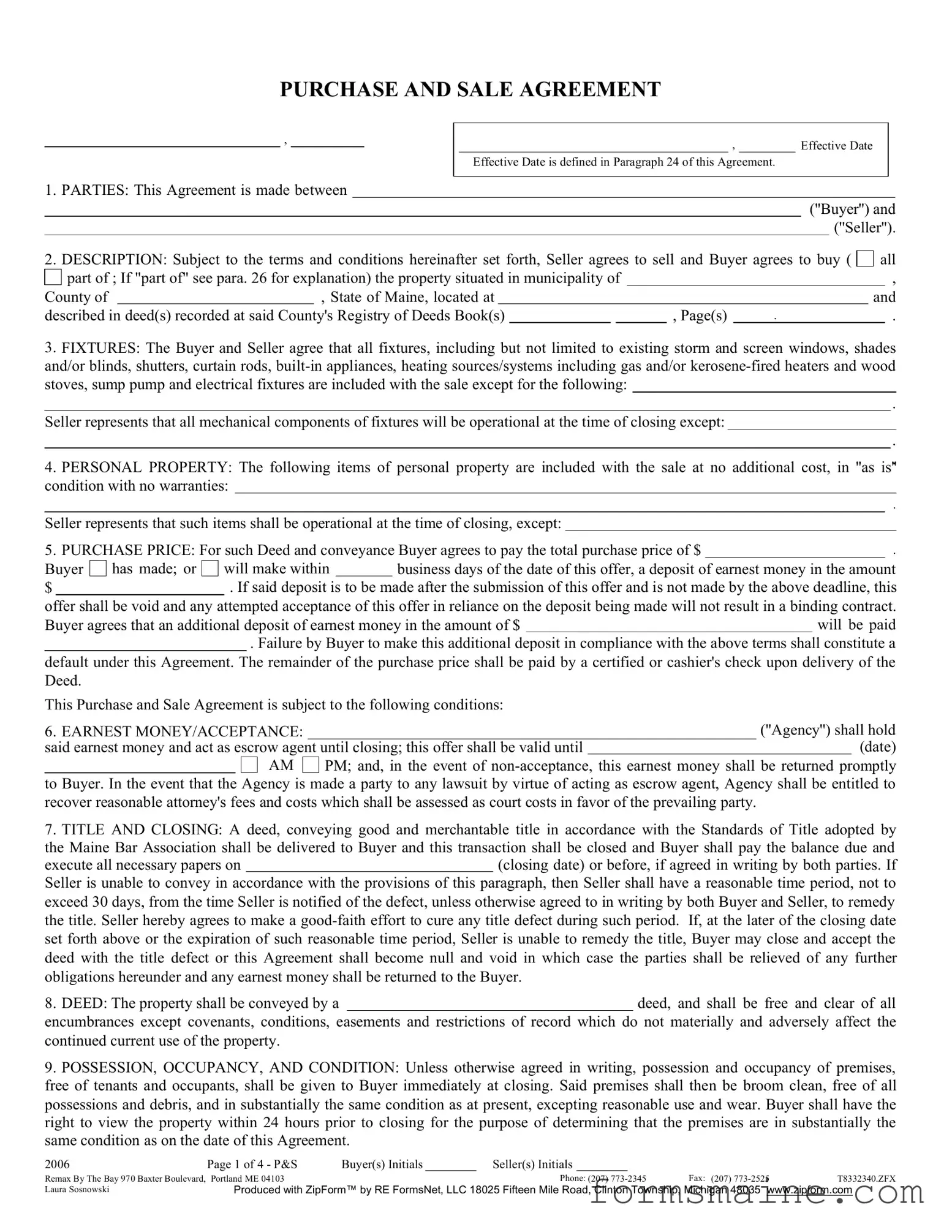Free Maine Sale Agreement Form in PDF