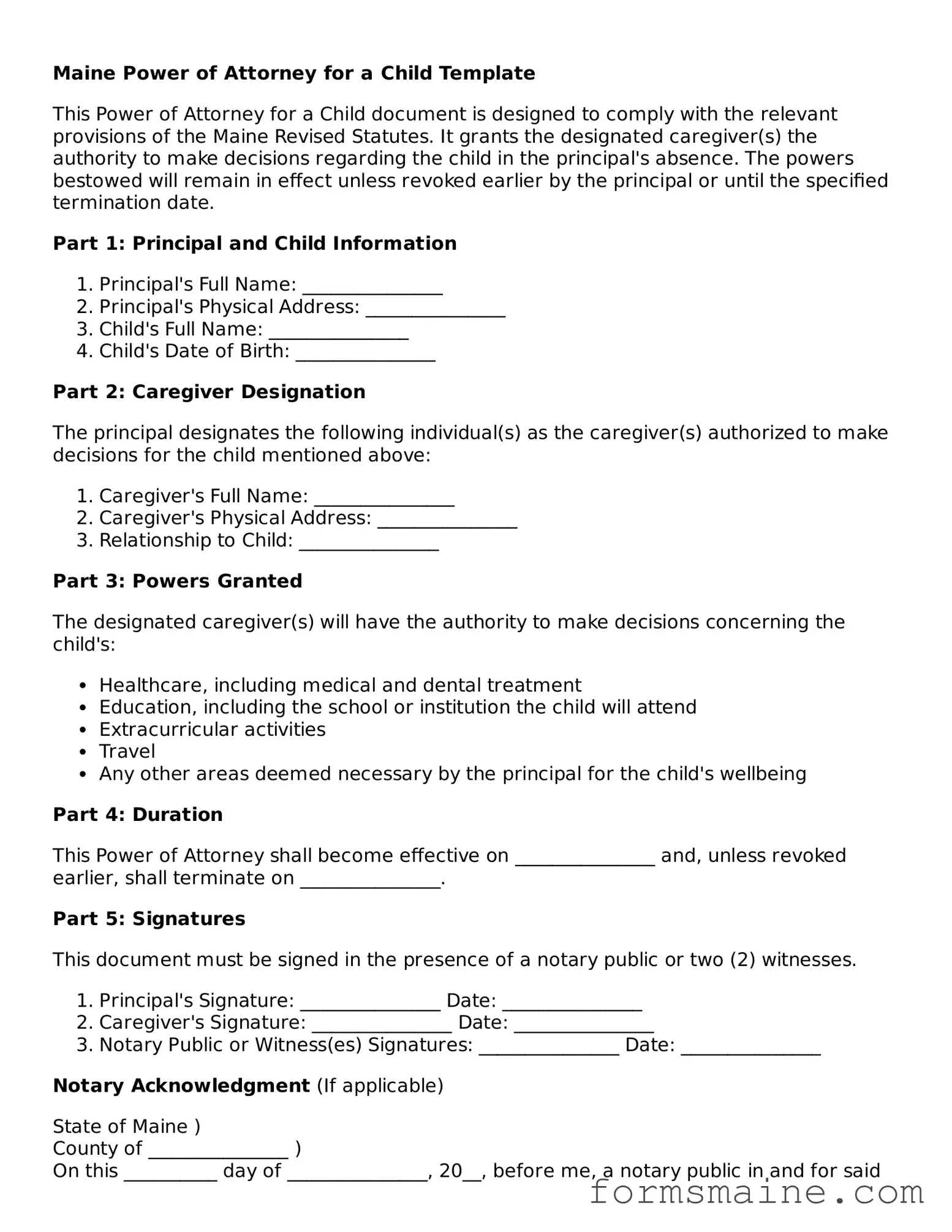 Official  Power of Attorney for a Child Document for Maine