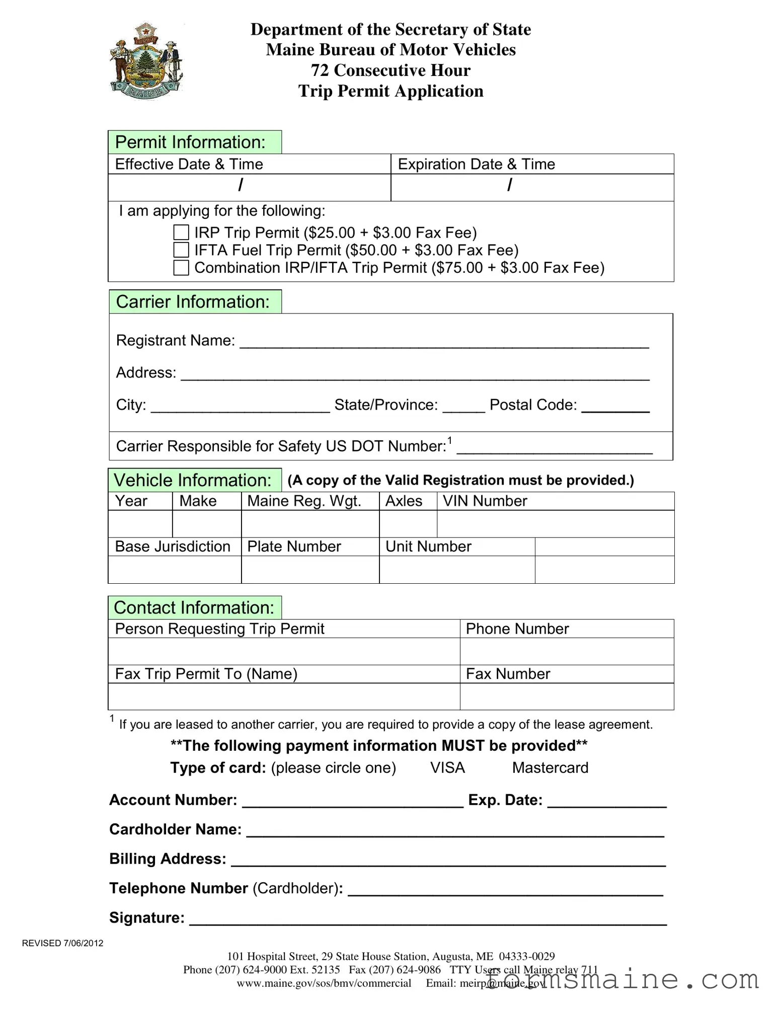 Free Maine Trip Permit Application Form in PDF