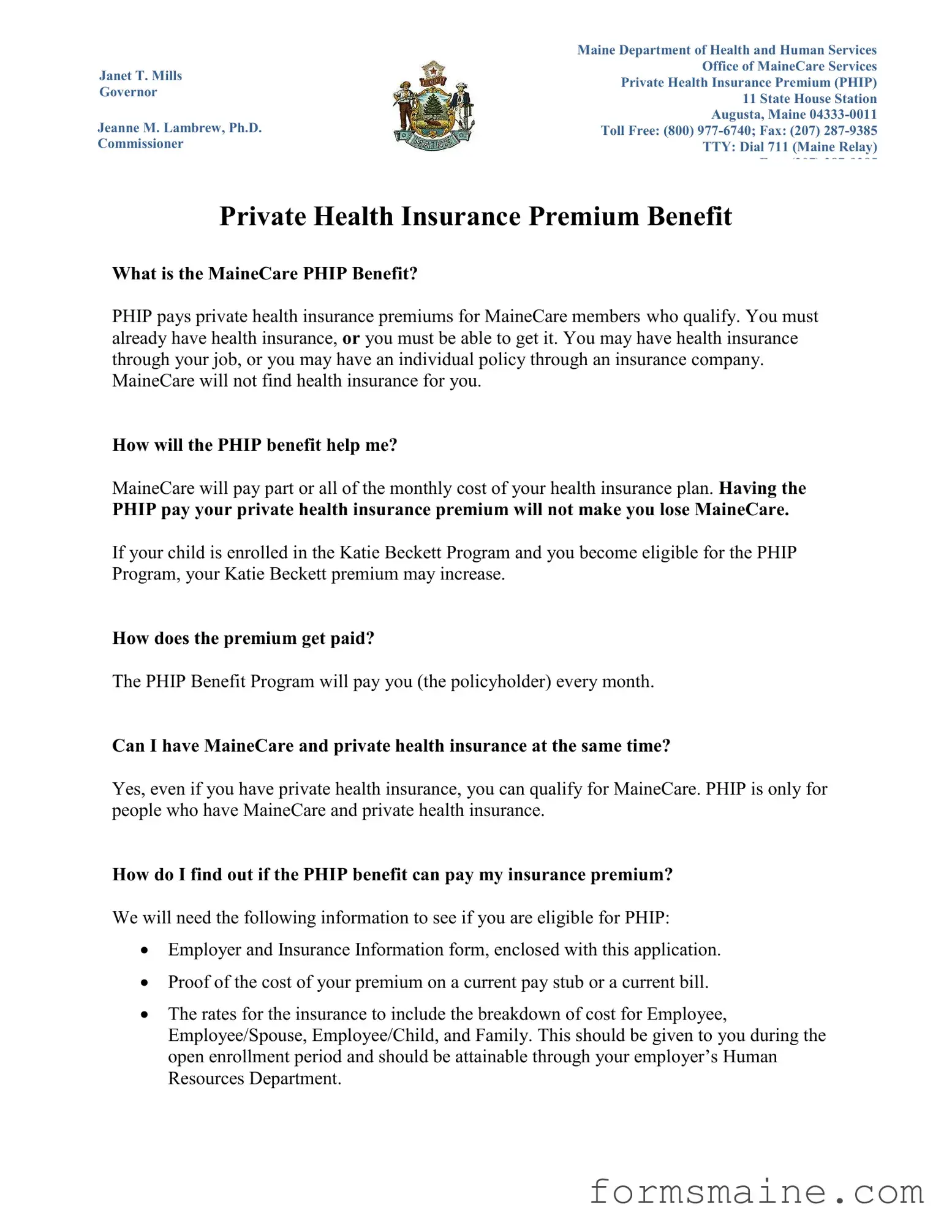 Free Phip Program Maine Form in PDF