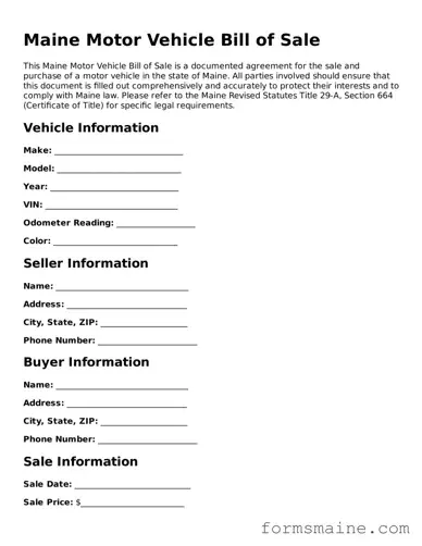 Official  Motor Vehicle Bill of Sale Document for Maine