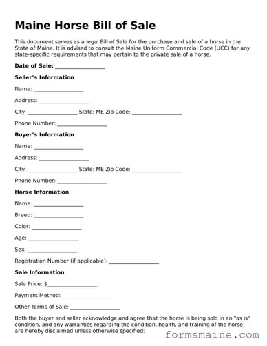 Official  Horse Bill of Sale Document for Maine