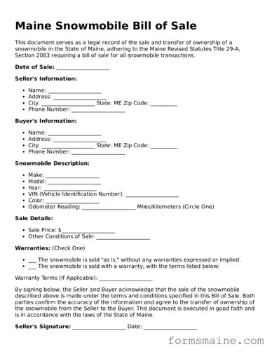 Official  Snowmobile Bill of Sale Document for Maine