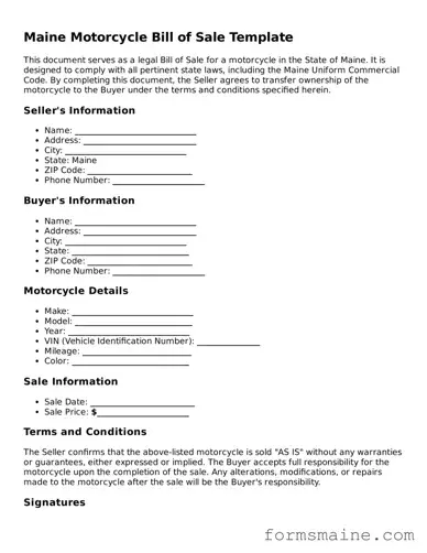 Official  Motorcycle Bill of Sale Document for Maine