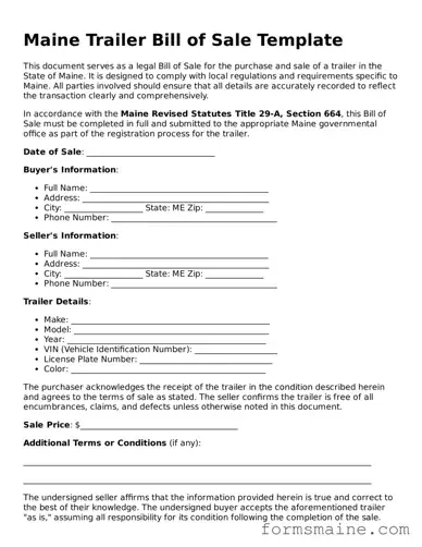 Official  Trailer Bill of Sale Document for Maine