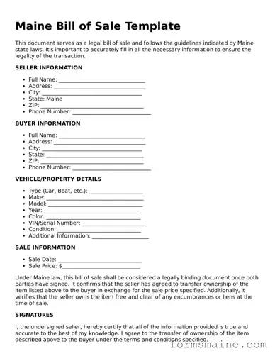 Official  Bill of Sale Document for Maine