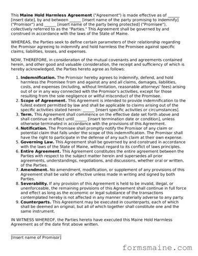 Official  Hold Harmless Agreement Document for Maine