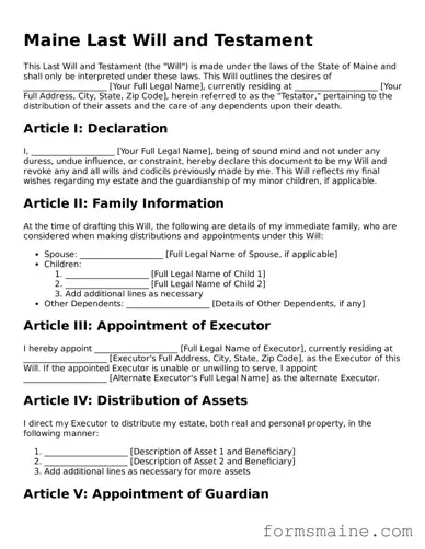 Official  Last Will and Testament Document for Maine