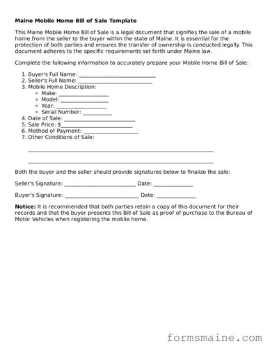 Official  Mobile Home Bill of Sale Document for Maine