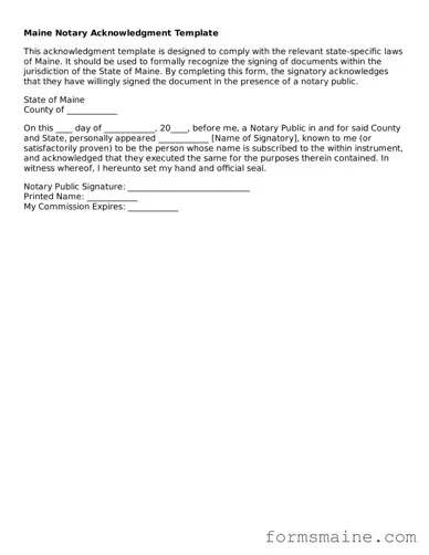 Official  Notary Acknowledgement Document for Maine