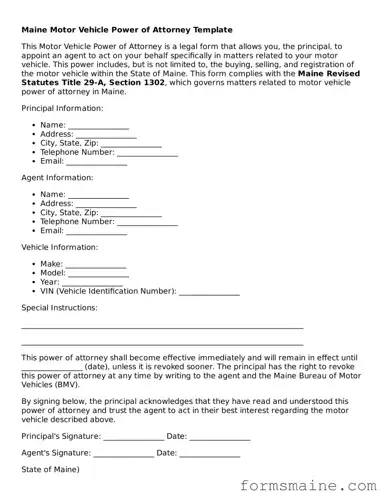 Official  Motor Vehicle Power of Attorney Document for Maine
