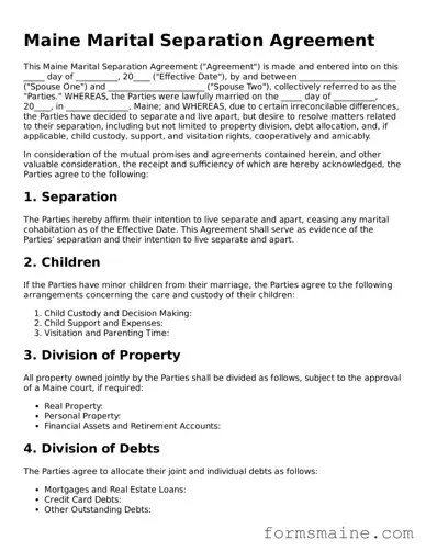 Official  Marital Separation Agreement Document for Maine