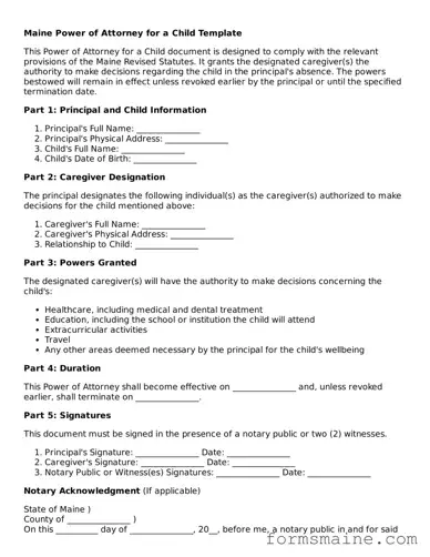 Official  Power of Attorney for a Child Document for Maine